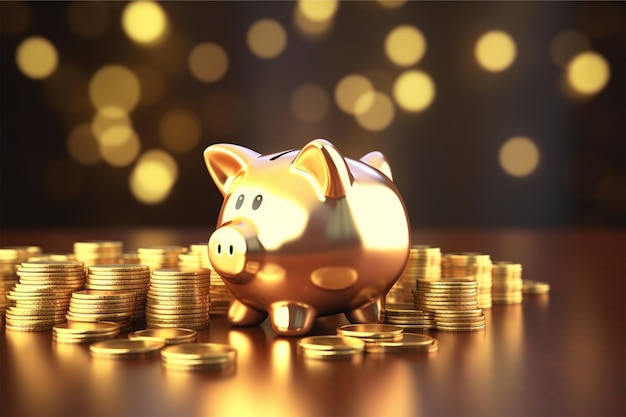 Gold piggy bank with gold coin stacks finance savings investment concept background 3d illustration