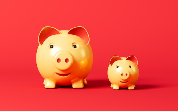 Gold piggy banks in the red background 3d rendering