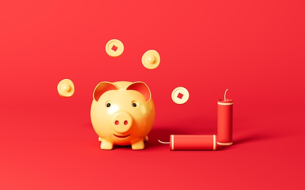 Gold piggy and firecrackers in the red background Year of Pig Spring Festival theme 3d rendering