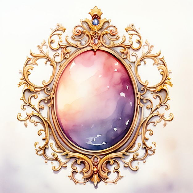 a gold and pink oval mirror with a diamond on it.