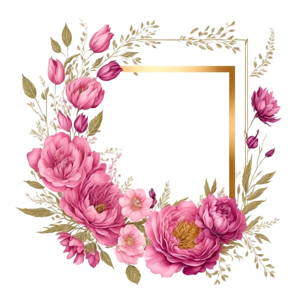 Gold and pink watercolor floral card with golden frame
