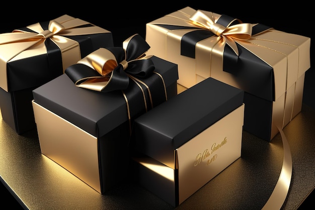 A gold plate with black and gold presents on it