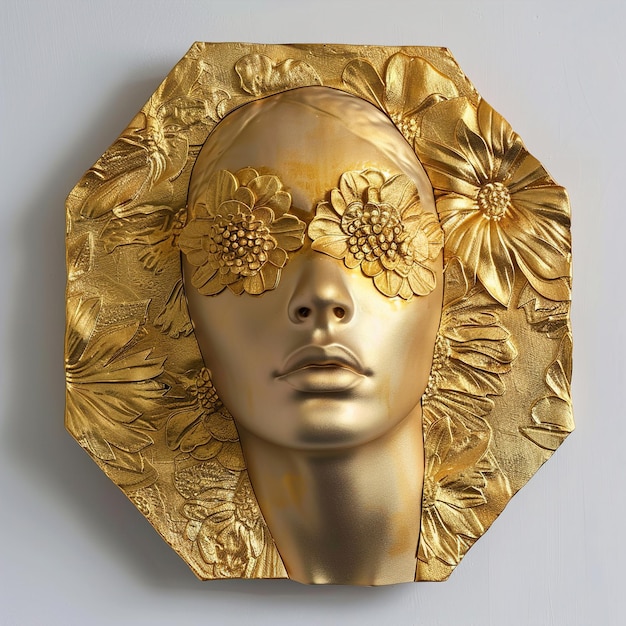 その上に花と女性の顔が描かれた金の皿