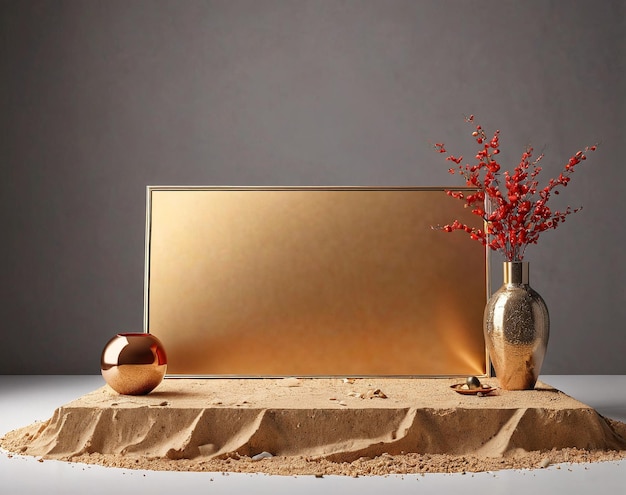 a gold plate with a vase and a vase of flowers on a table