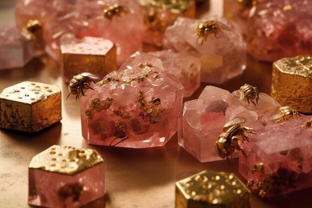 Photo a gold plated pink crystals with bees on them