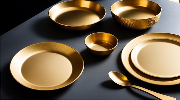 Gold plates and bowls on a table with one that says gold.