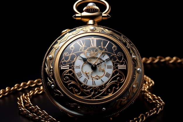 a gold pocket watch with roman numerals on it