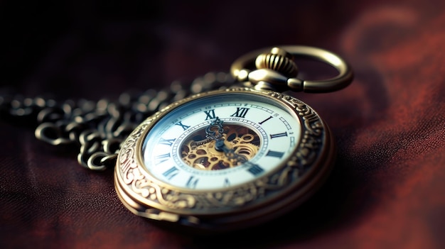 На столе лежат золотые карманные часы с римскими цифрами.