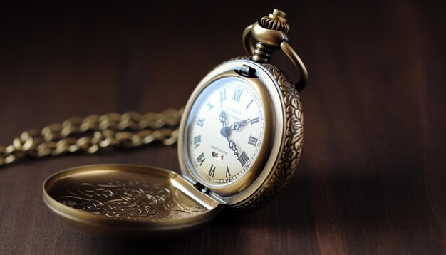 A gold pocket watch with roman numerals sits on a table.