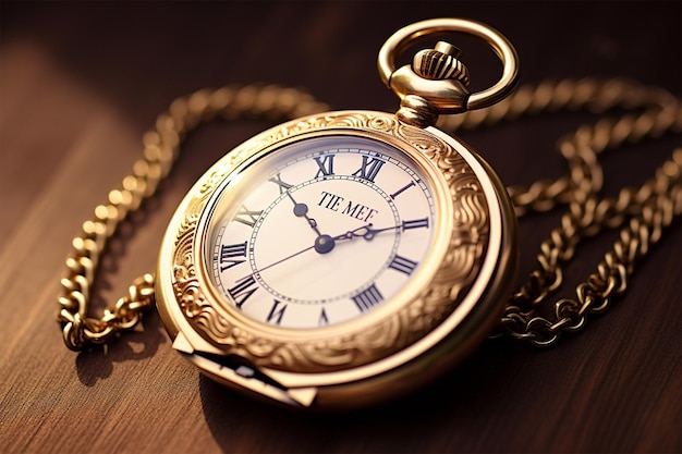 A gold pocket watch with the word time on it