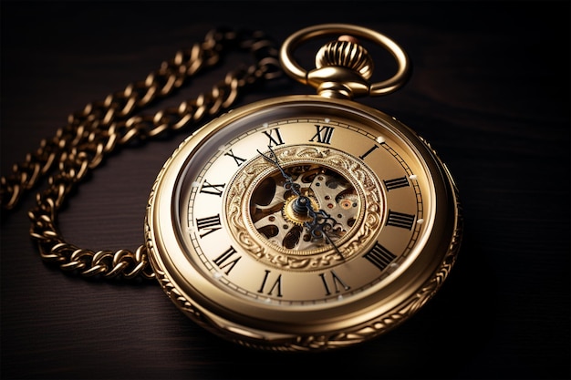 A gold pocket watch with the word time on it