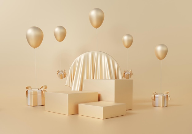 Gold podium 3D background with balloon gift geometric shapes square pedestal empty three circle wall shape gradient from small to large stand platform composition perfume product presentation