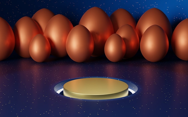 Gold podium on a blue table to the point. Orange Easter eggs 3d render