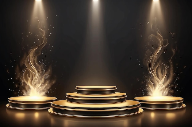 Gold podium on dark background with smoke Empty pedestal for award ceremony Platform illuminated