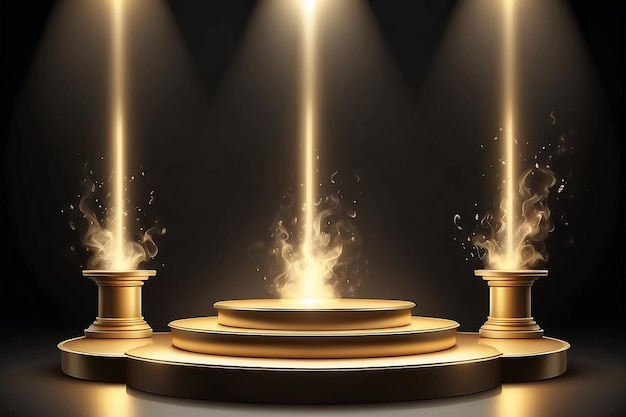 Gold podium on dark background with smoke Empty pedestal for award ceremony Platform illuminated