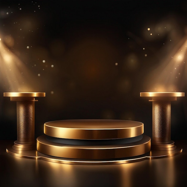 Gold podium on dark background with smoke Empty pedestal for award ceremony Platform illuminated