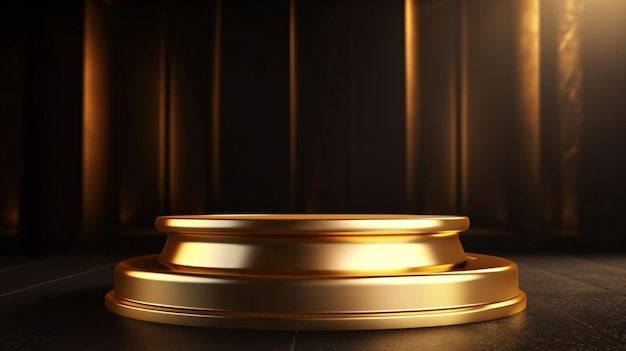 A gold podium in a dark room with a dark background.