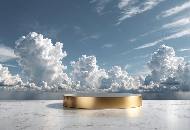 a gold podium on a marble surface with clouds in the background