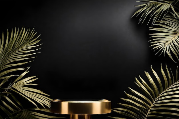 Gold podium and palm leaves with black background