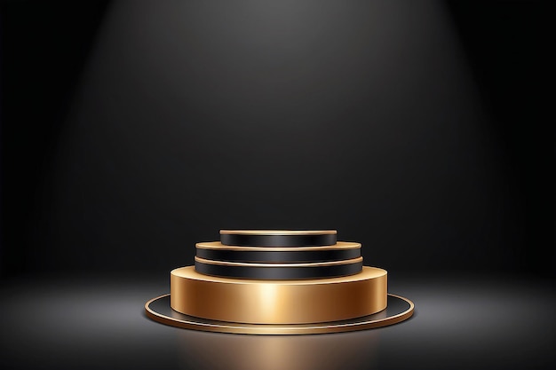 Photo gold podium pedestal stand product display on black background vector illustration