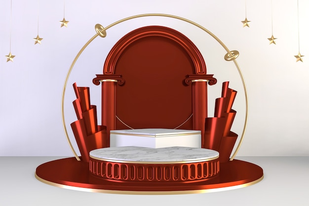 Gold podium show in red color background.rendering