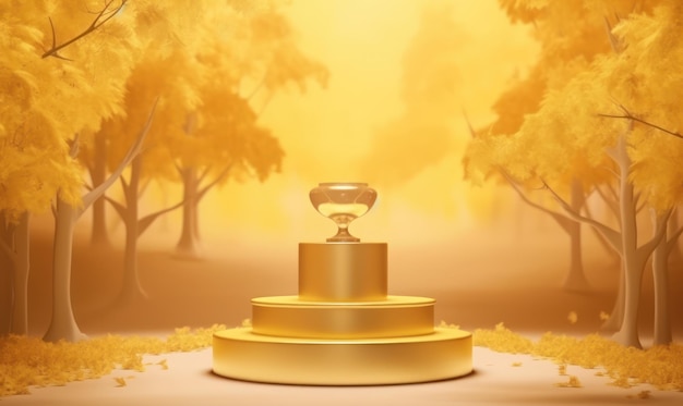 Gold podium with a golden top in the middle of the forest.