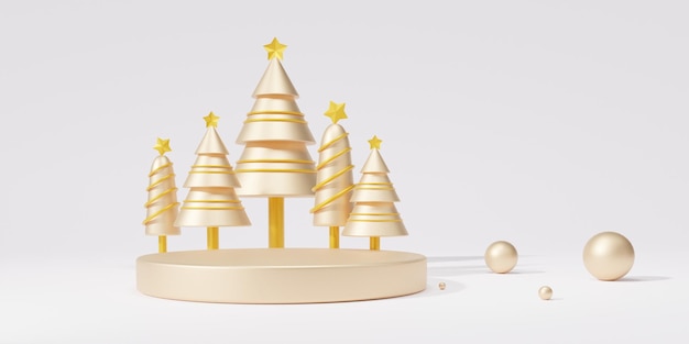 Gold podium on withe background tree marry christmas abstract empty platform pedestal for display product minimal presentation cosmetics new year showcase branding 3d rendering