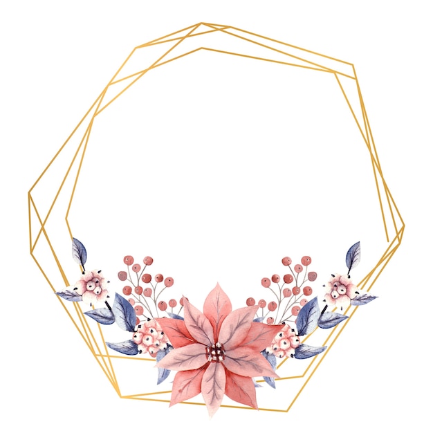 Золотая многоугольная рамка с акварельными цветами снежных ягод и цветами пуансеттии