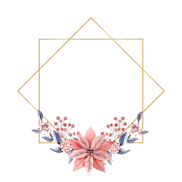 Gold polygonal frame with watercolour flowers of snow berries and poinsettia flowers