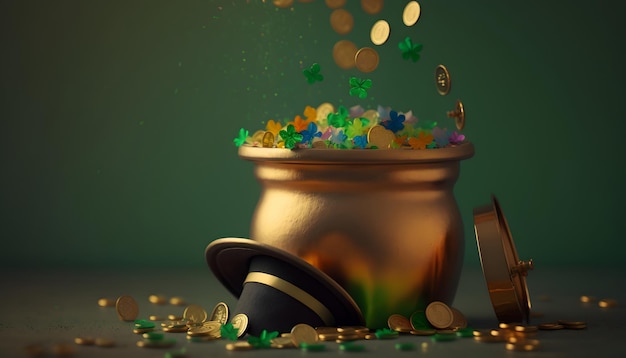 A gold pot full of coins and a hat with green stars on it