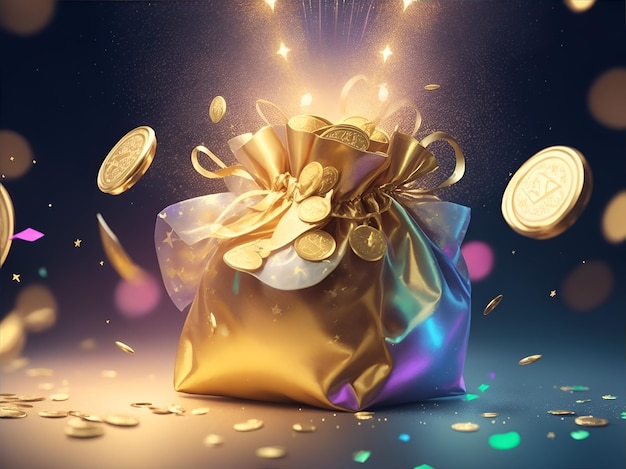 A gold pouch with many coins background