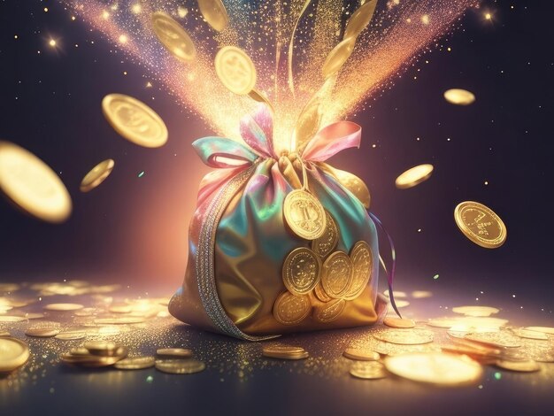 A gold pouch with many coins background