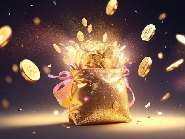 A gold pouch with many coins background