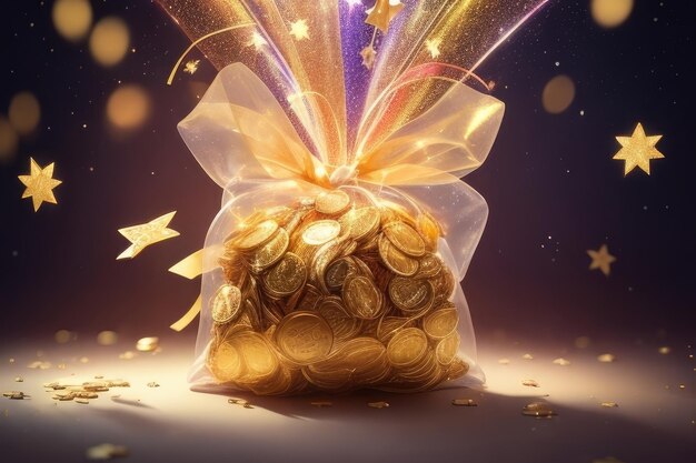 A gold pouch with many coins background