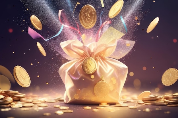 A gold pouch with many coins background