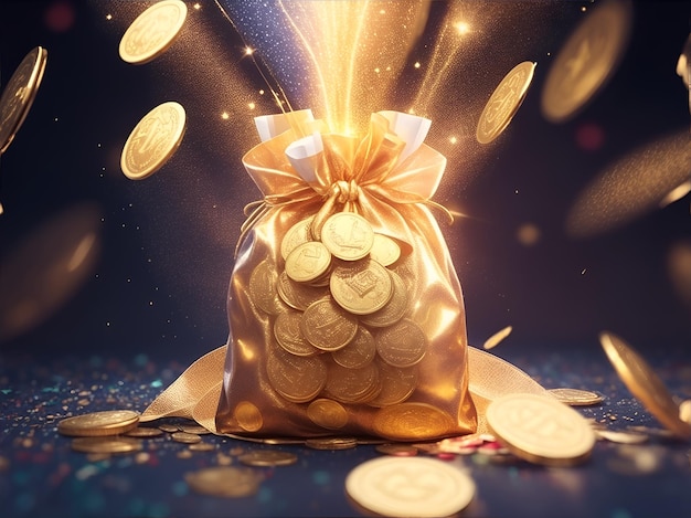 A gold pouch with many coins background