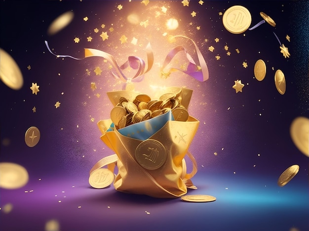 A gold pouch with many coins background