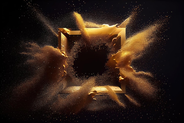 Gold Powder Explosion with Frame Golden Dust Splash Border Yellow Glitter Blast Texture Background Abstract Generative AI Illustration