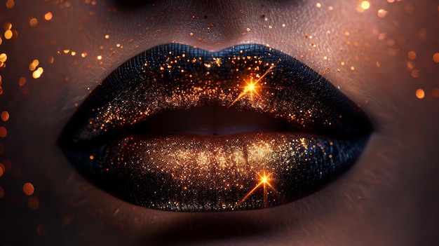 Photo gold powder shines on the lips of a woman wearing black glossy lipstick