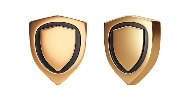 Gold premium shield badge emblem sign or golden guard symbol icon isolated on white background with security protection arms set. 3D rendering.