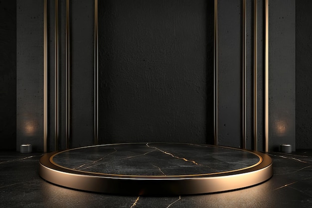 Gold product background stand or podium pedestal on advertising display with dark luxury background