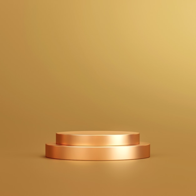 Gold product background stand or podium pedestal on golden display with luxury backdrops. 3D rendering.