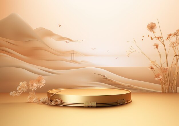 Gold product background stand or podium pedestal on luxury advertising display with japanes backdrops AI Generative