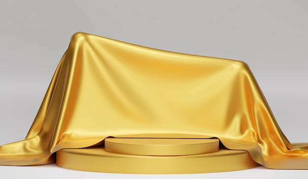 Gold product stand with golden fabric. backdrop for product display, 3d rendering