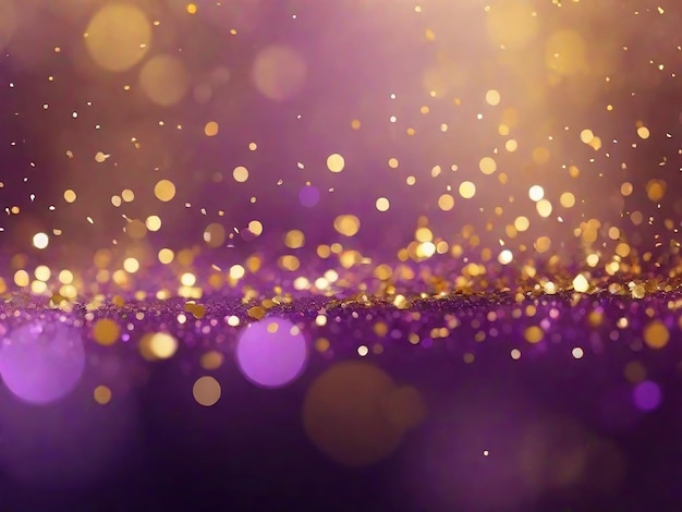 金色と紫色の抽象的な光り輝くコンフェッティのボケ背景