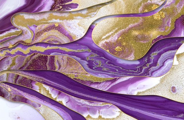 金と紫の抽象的な波大理石の模倣テクスチャアートワーク液体