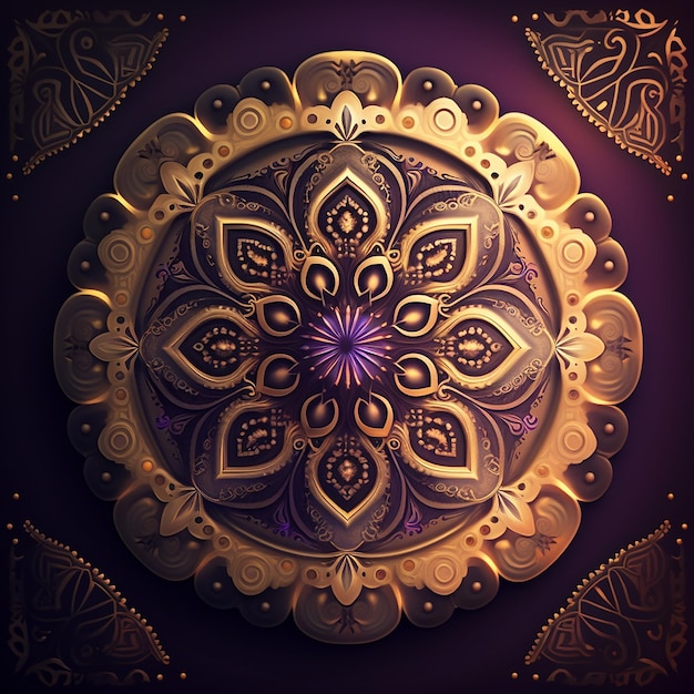 A gold and purple background with a gold design with a floral design.