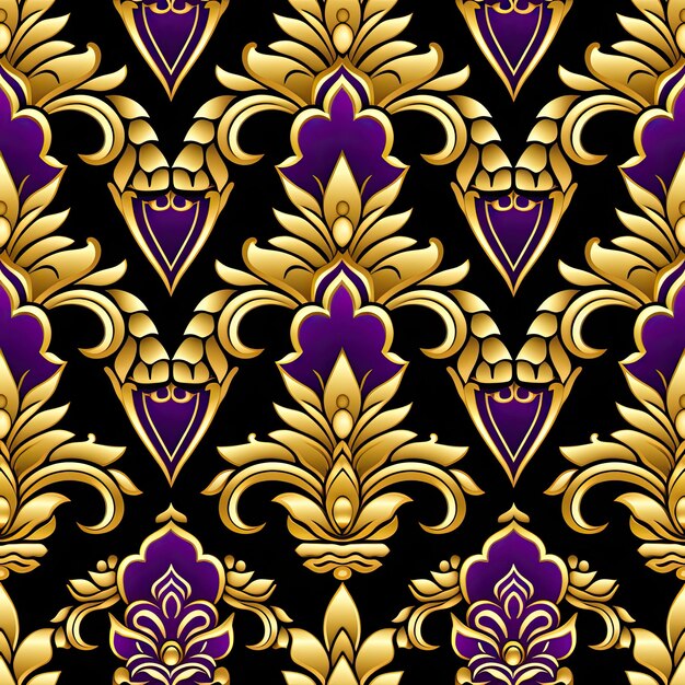 gold and purple floral pattern on a black background