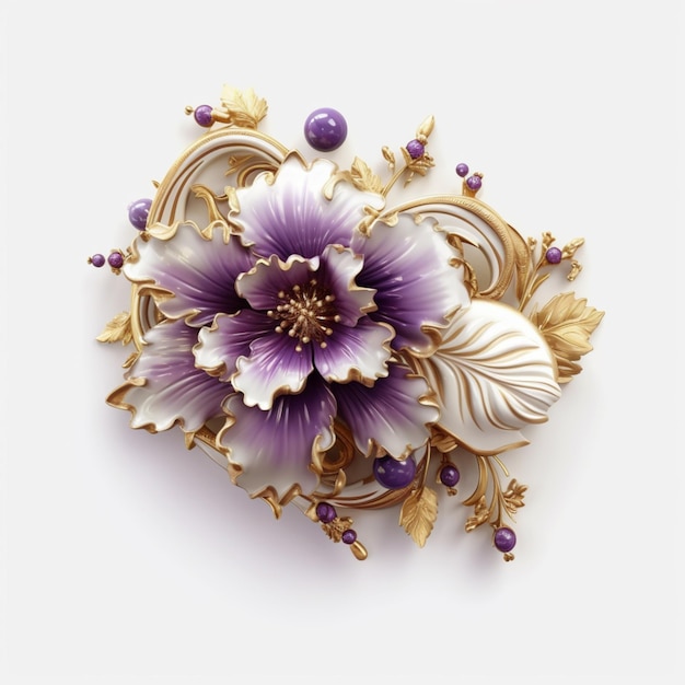 A gold and purple flower with purple beads