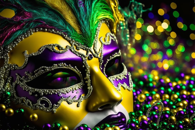 Gold purple and green glittery mardi gras mask on shining bokeh background Generative AI illustration